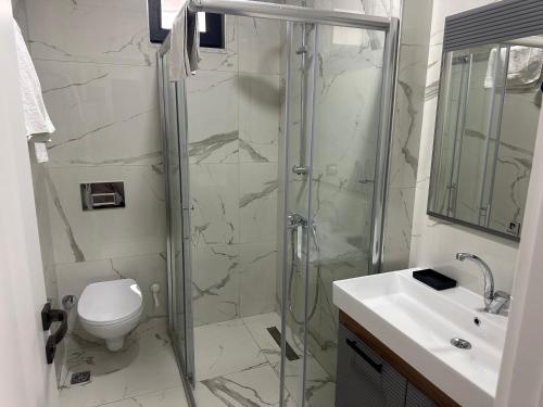 a bathroom with a shower and a toilet and a sink at Belek Room Voyage in Belek