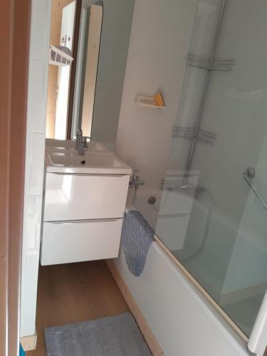 une salle de bain blanche avec un lavabo et une douche dans l'établissement studio gresse en vercors, à Gresse-en-Vercors