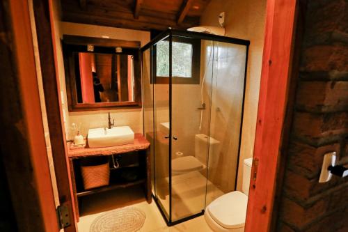 a bathroom with a shower and a sink and a toilet at Pousada Encanto Verde in Bom Jardim da Serra