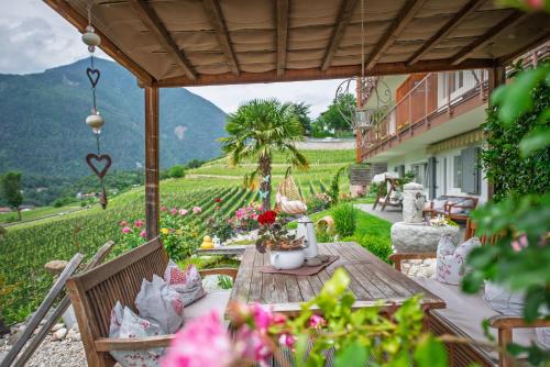 a patio with a table with a view of a vineyard at Haus Karin living in Brixen