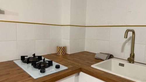 a kitchen with a stove and a sink at Bambou Studio, Cocon nature in Maureillas