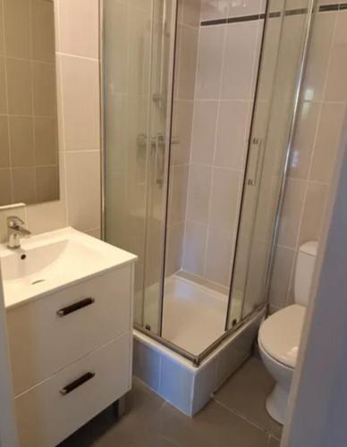 une salle de bain avec une douche, un lavabo et des toilettes dans l'établissement Jolie logement 4pers Lacanau océan, à Lacanau
