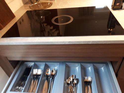 a drawer filled with utensils in a kitchen at Schafberg Luxury Apartment in St. Wolfgang
