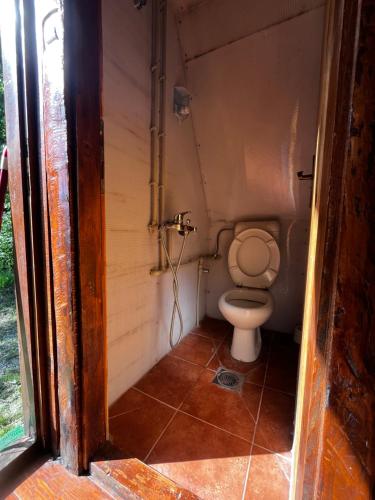 a small bathroom with a toilet in a stall at Jatak Cabins and Camping in Petnjica