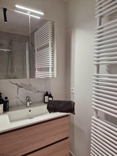 a bathroom with a tub and a sink and a window at Seaview234 in Middelkerke