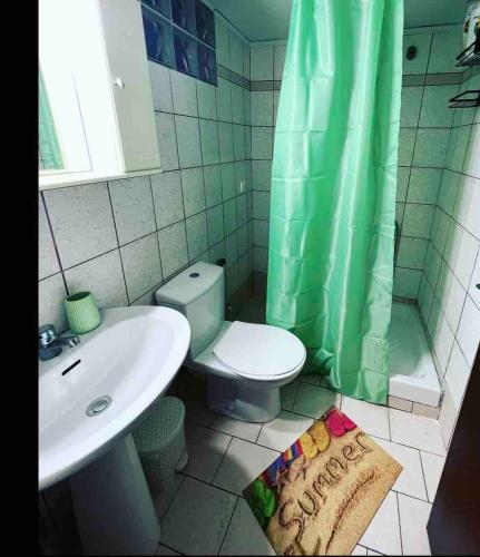 a bathroom with a toilet and a sink and a shower at Cozy apartment in Thérissos