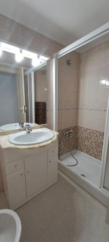 a bathroom with a sink and a shower at CARIBE Apartamento in Oropesa del Mar