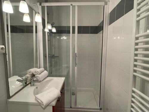 une salle de bain avec une douche, un lavabo et un miroir dans l'établissement Studio Héliopolis E1 - 2 personnes, au Cap d'Agde