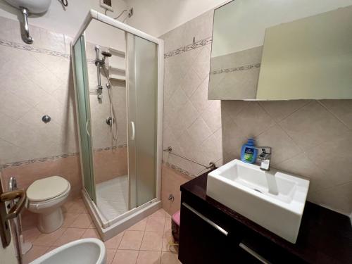 サン·ヴィンチェンツォにあるCasa Tempestiの洗面台、シャワー、トイレ付きのバスルーム