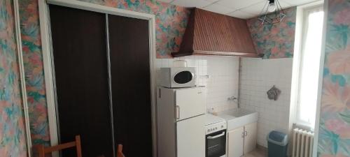 une petite cuisine avec un réfrigérateur et un micro-ondes dans l'établissement Villa Mon Repos 2, à La Bourboule