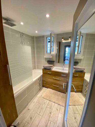 une salle de bain avec une baignoire, un lavabo et une douche dans l'établissement Joli cocon vue mer au cœur de La Ciotat, à La Ciotat