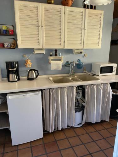 a kitchen counter with a sink and a microwave at Skovgården in Hillerød