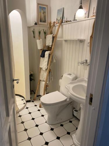 a bathroom with a toilet and a sink at Skovgården in Hillerød