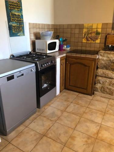 une cuisine avec une cuisinière et un micro-ondes dans l'établissement LES SOURCES du CHASSEZAC, à Saint-Chaptes