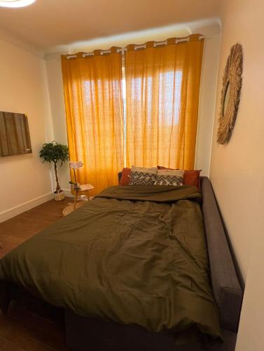 - une chambre avec un grand lit et un rideau orange dans l'établissement PARIS-MONTROUGE Magnifique Studio Appartement de 35m2 - très cosy pour 1 à 6 personnes refait à neuf - ENTIRE APARTMENT LUXIRIOUS AND WARM - Montrouge Paris 14ème - Proche Aéroport Orly & Parc Expositions Porte de Versailles FREE WIFI GRATUIT, à Montrouge