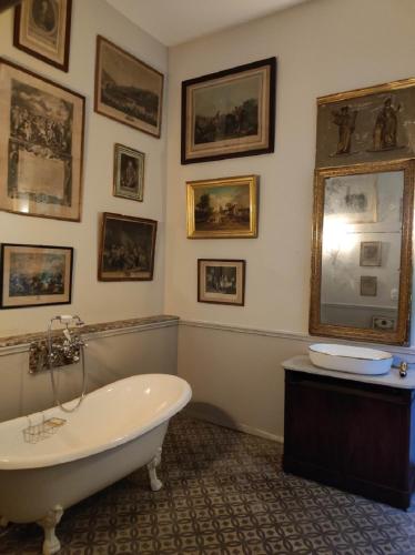 La salle de bains est pourvue d'une baignoire et de photos murales. dans l'établissement Château de Crépol, 