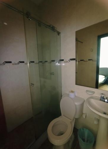 a bathroom with a toilet and a shower and a sink at Hotel Cascada Cristalina in Melgar