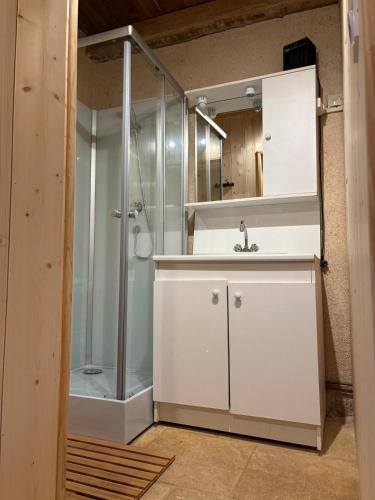 une salle de bain avec un lavabo et une douche dans l'établissement L ancien fournil - Sejour authentique & douillet - Proche de Sarlat, à Calviac