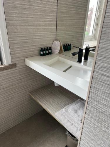 a bathroom with a white sink and a mirror at The Cotton Suites B&B in Deerlijk