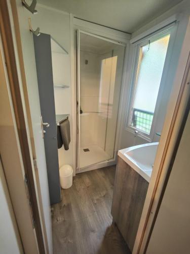 une salle de bain avec un lavabo et une douche dans l'établissement Cottage au camping Le Ried - Proche Europa Park, à Boofzheim