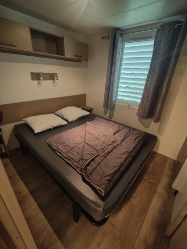 Cette petite chambre dispose d'un grand lit et d'une fenêtre. dans l'établissement Cottage au camping Le Ried - Proche Europa Park, à Boofzheim