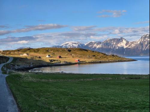 a road next to a body of water with mountains at Aurora Hav og Fjell feriehus Vannøya in Karlsøy