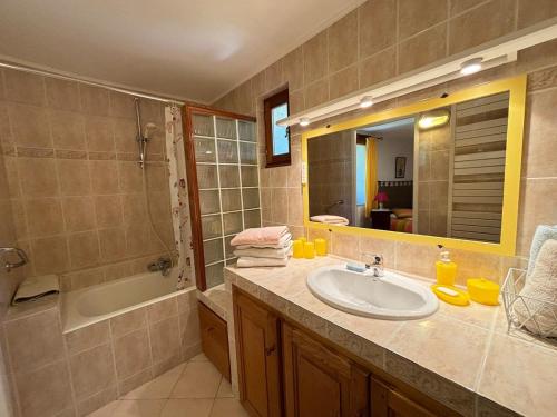 une salle de bain avec un lavabo, une douche et un miroir dans l'établissement Au fond du Cirque de Navacelles, à Saint-Maurice-Navacelles