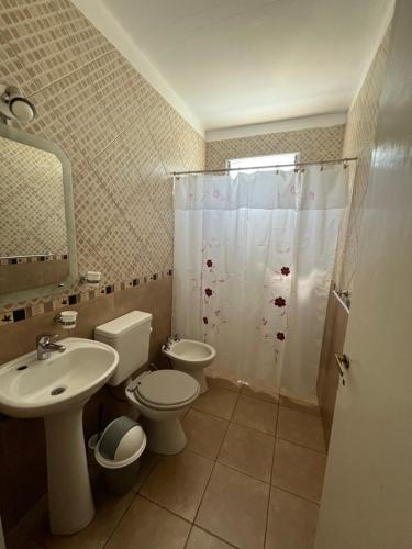 a bathroom with a sink and a toilet and a shower at Finca Don Juan Piedra Alta in Junín
