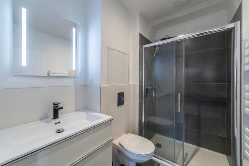 une salle de bain avec une douche, des toilettes et un lavabo dans l'établissement Le Sweet Duplex, à Mulhouse