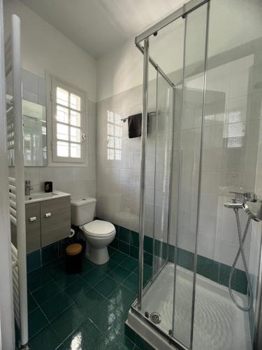 a bathroom with a toilet and a glass shower at Eleni's Seaview House in Saronida