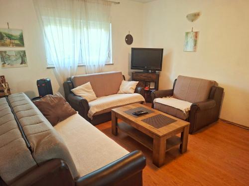 a living room with two couches and a tv at Vikendica Vlahić, Goranci in Mostar