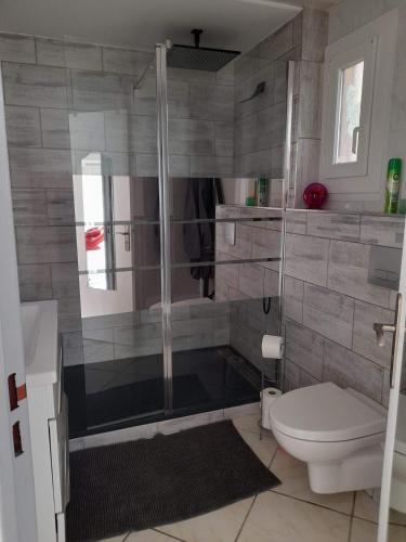 une salle de bain avec douche et toilettes dans l'établissement La Mouette rieuse, au Cap d'Agde