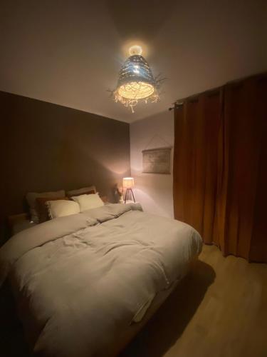 une chambre avec un grand lit avec une lumière dessus dans l'établissement Appartement proche gare centre et centre ville, à Avignon