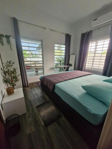 a bedroom with a large bed and two windows at Cozy haven apartments in Paramaribo