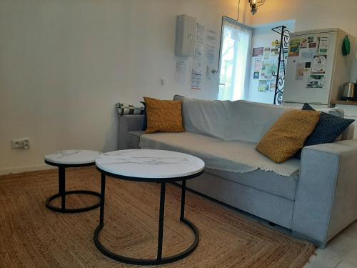 a living room with two tables in front of a couch at Gîtes de l'AKWABA in Buzet-sur-Baïse