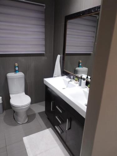a bathroom with a toilet and a sink and a mirror at The Close in Gqeberha