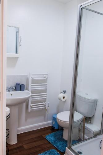 a white bathroom with a toilet and a sink at Monea Retreat a Modern 2bedroom and 2 bathroom apartment in Coventry in Coventry
