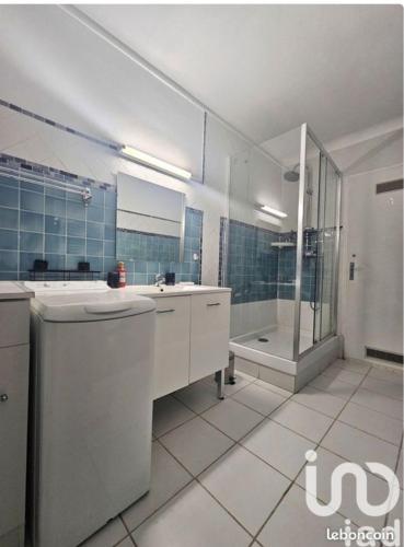 une salle de bain avec une douche, un lavabo et une baignoire dans l'établissement Appartement Amélie-les-Bains, à Amélie-les-Bains-Palalda