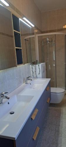 a bathroom with two sinks and a toilet and a tub at Apartment Nevija e Natale in Opric