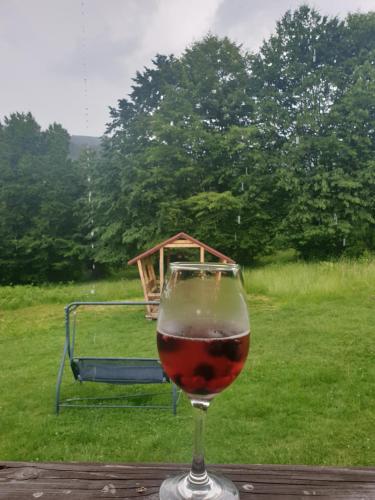 a glass of wine sitting on top of a table at Pensiunea Daniels in Văliug