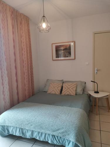 une chambre avec un lit avec une couverture bleue dans l'établissement Appartement T2 avec piscine Vallée du Tarn, à Trébas