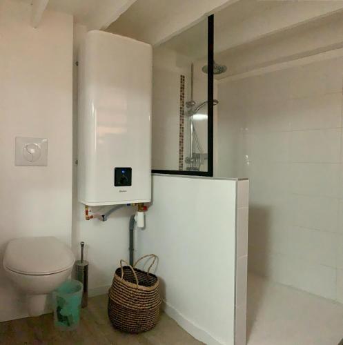 La salle de bains blanche est pourvue de toilettes et d'un miroir. dans l'établissement Studio with mezzanine St Michel, à Bordeaux