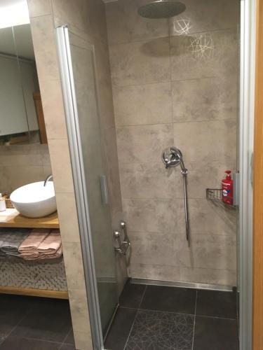 a bathroom with a shower and a sink at Prázdninový apartmán Pohoda in Strážnice