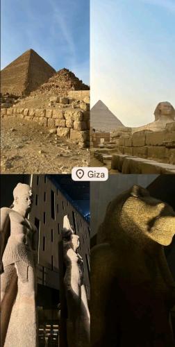 Banī GhālibにあるRoyal Pyramids Hotelのピラミッドと彫像の写真のコラージュ