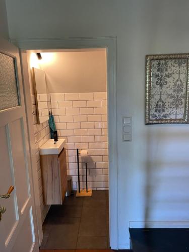 un baño con lavabo y espejo en Reetdachhaus am See Ostfriesland, en Leezdorf