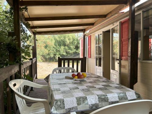 a table with a bowl of fruit on a porch at AdriaCamp Mobile Homes Rosapineta in Rosapineta