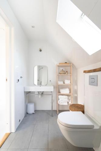 a white bathroom with a toilet and a sink at Falsterbo Beachside Apartments in Skanör med Falsterbo
