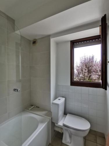 La salle de bains est pourvue de toilettes, d'une baignoire et d'une fenêtre. dans l'établissement Cosy Studio - Annecy, à Annecy