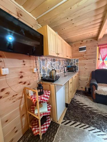 a kitchen in a cabin with a tv on the wall at WildBeauty Grebaje in Vusanje