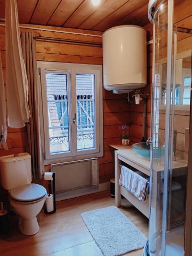 une salle de bain avec toilettes, lavabo et fenêtre dans l'établissement Le Thiers chambre deluxe, à Auxonne